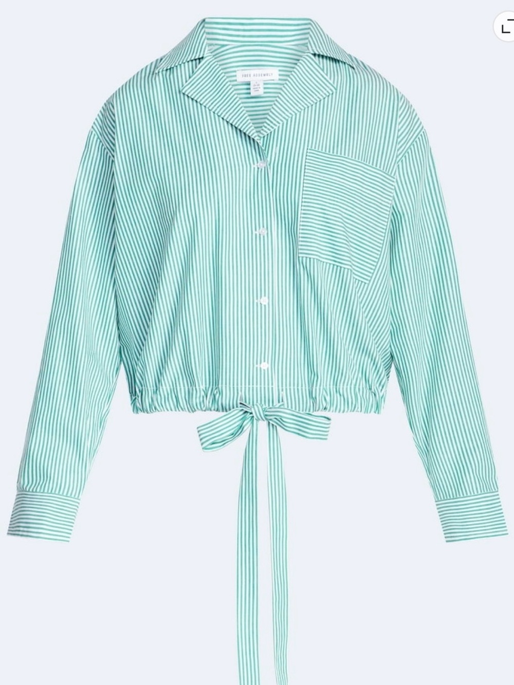 NWT Striped Green & White Cinch Waist 100% Cotton Poplin Button Long Sleeve Top